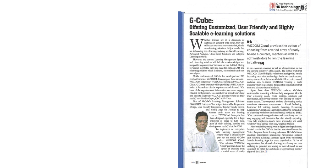 G Cube Included In 20 Most Promising HR Technology Solution Providers In India By CIO Review