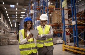managers controlling distribution checking inventory warehouse storage